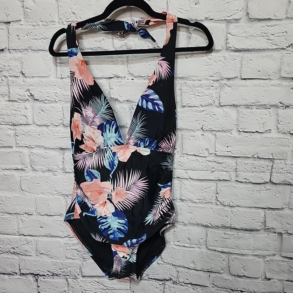 DKNY Women's Large One Piece Tummy‎ Control Swimsuit Black Floral Print Halter - Picture 2 of 7